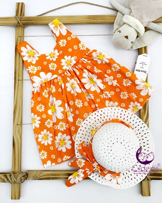 Miniapple Yazlık Hasır Şapkalı Orkide Desenli Bebek Elbisesi - TURUNCU
