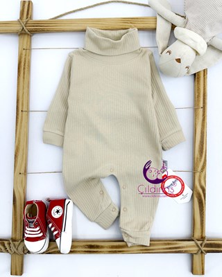 Miniapple Boğazlı Yaka Raporlu Kumaş Alttan Çıtçıtlı Bebek Tulumu - MAVİ