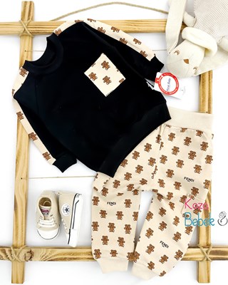 Miniapple Cebi ve Pantolonu Küçük Fendi Ayıcık Desenli Yandan Cepli 2’li Bebek Takımı