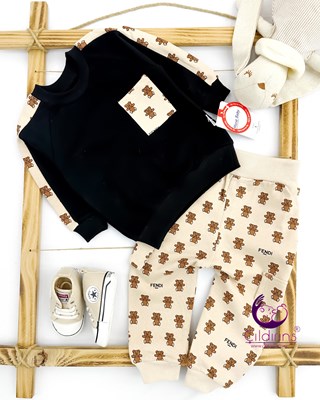 Miniapple Cebi ve Pantolonu Küçük Fendi Ayıcık Desenli Yandan Cepli 2’li Bebek Takımı - BEYAZ