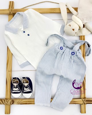 Miniapple Yakası ve Pantolonu Çizgili Askılı 2’li Bebek Takımı - MAVİ