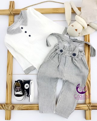 Miniapple Yakası ve Pantolonu Çizgili Askılı 2’li Bebek Takımı - BORDO