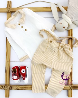 Miniapple Yakası ve Pantolonu Çizgili Askılı 2’li Bebek Takımı - MAVİ
