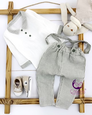 Miniapple Yakası ve Pantolonu Çizgili Askılı 2’li Bebek Takımı - BORDO