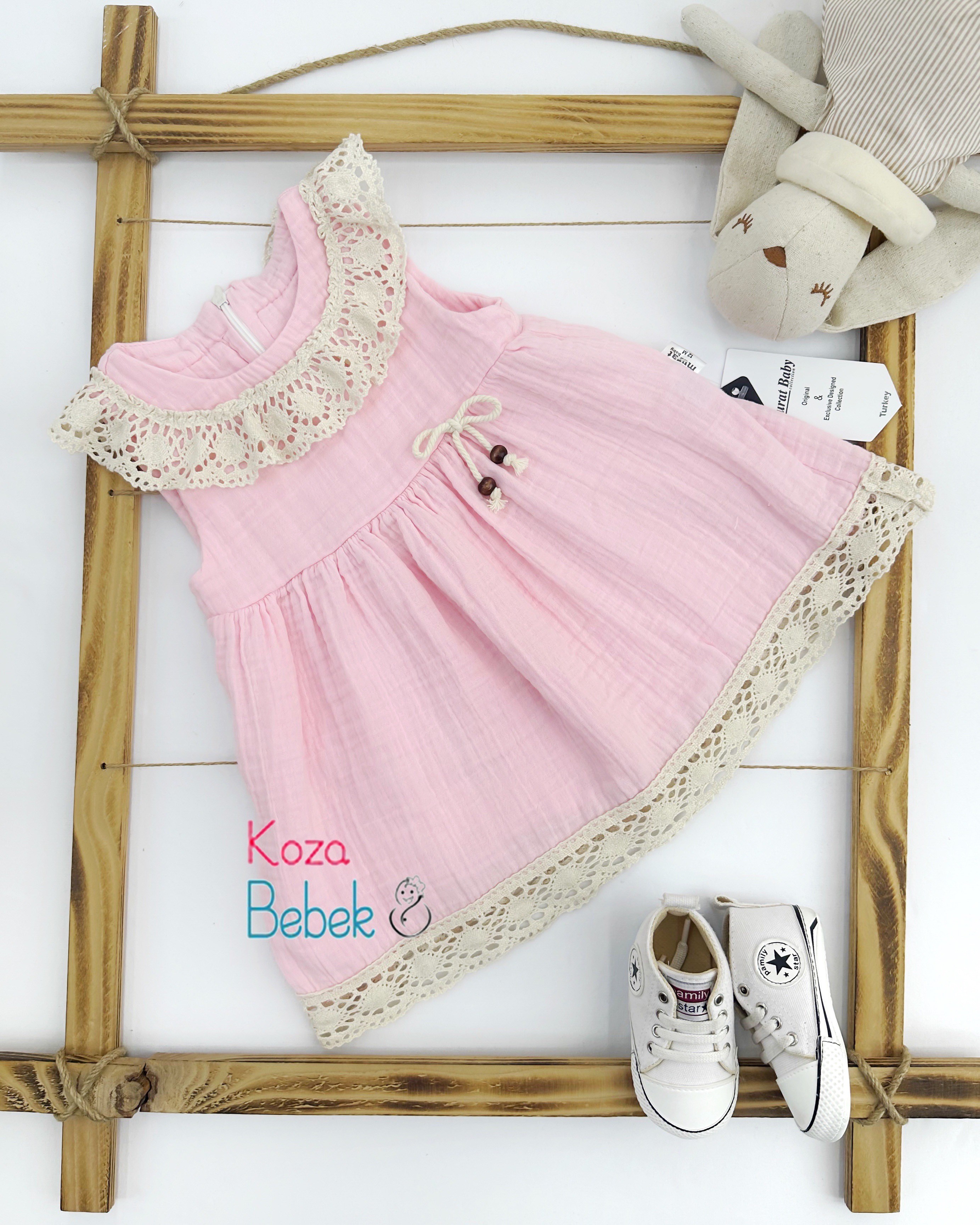 Miniapple Yazlık Yakası ve Eteği Dantelli Bebek Elbisesi
