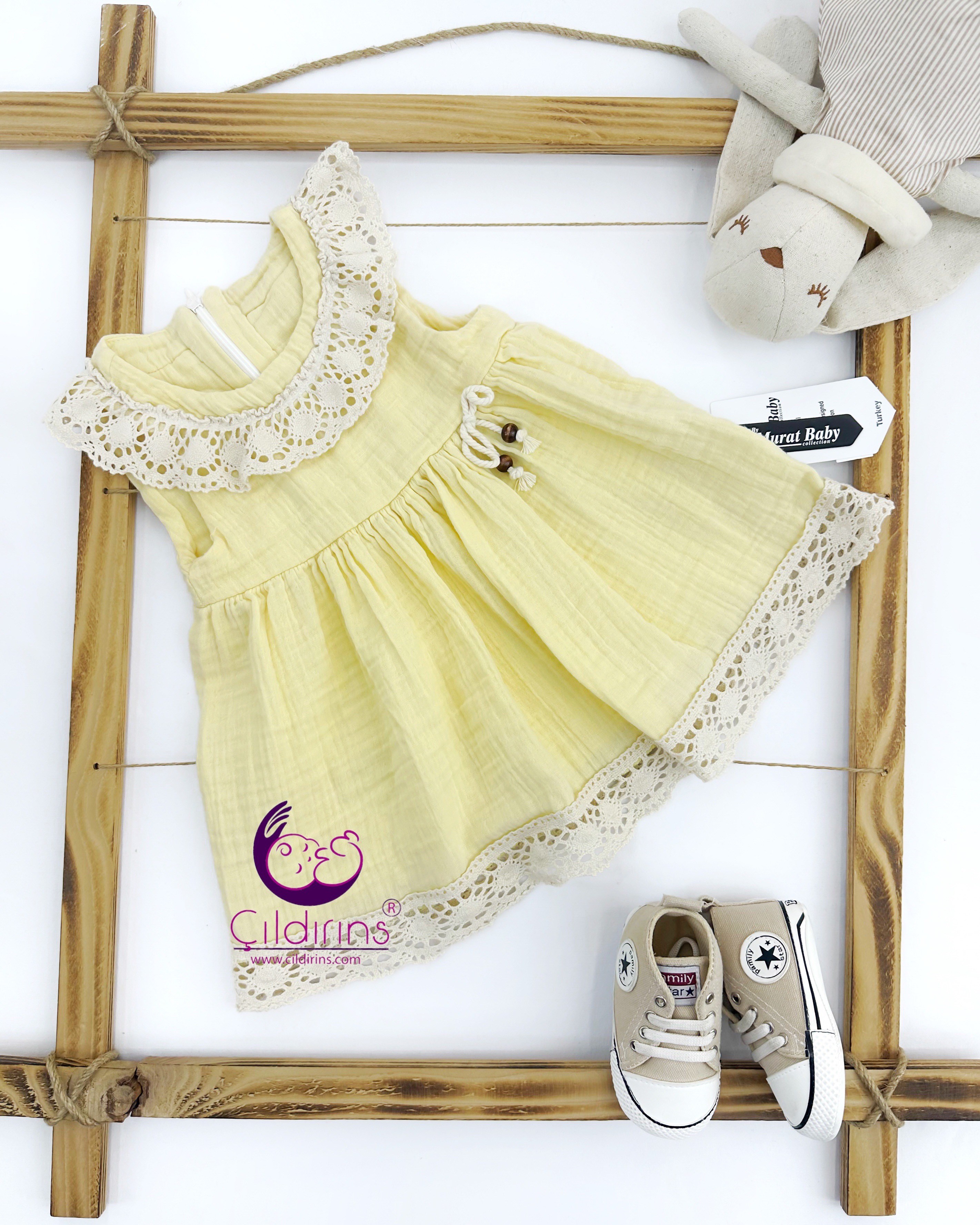 Miniapple Yazlık Yakası ve Eteği Dantelli Bebek Elbisesi - SARI