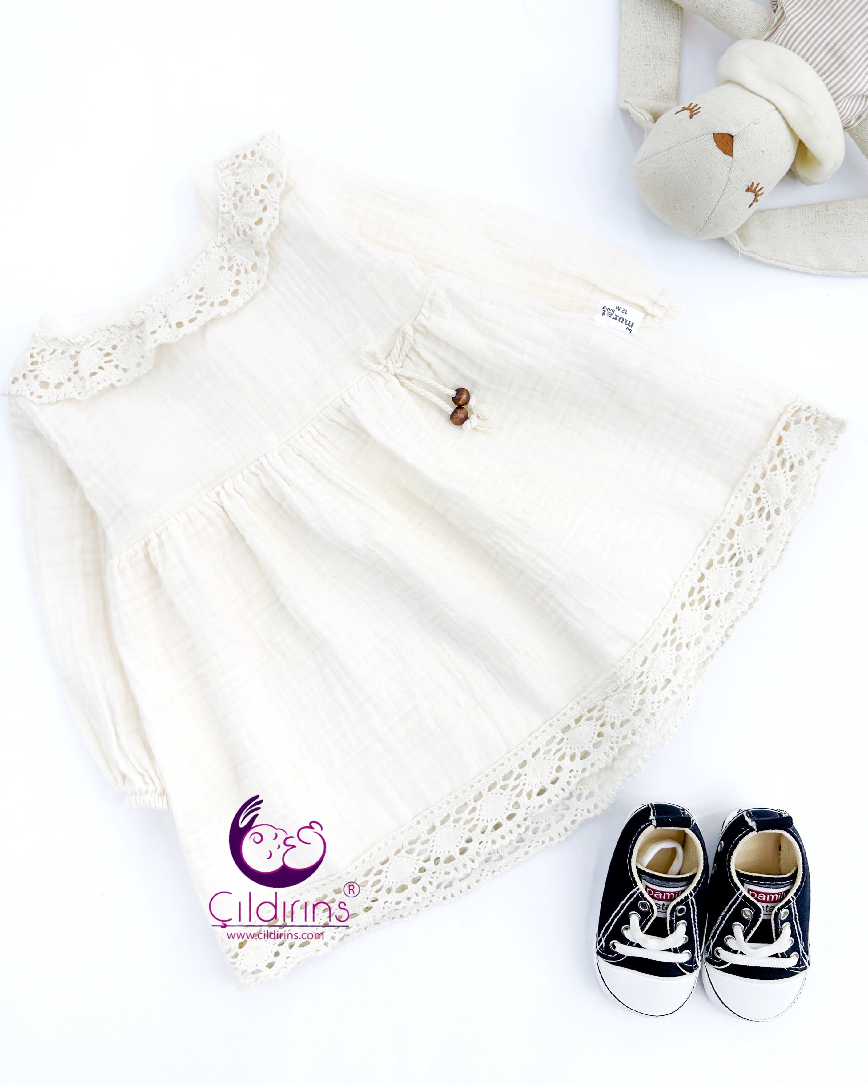 Miniapple Yakası ve Eteği Dantelli Bebek Elbisesi - BEYAZ