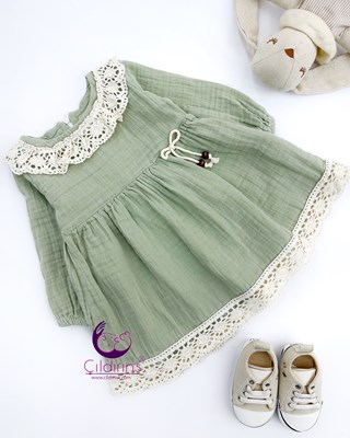 Miniapple Yakası ve Eteği Dantelli Bebek Elbisesi - PEMBE