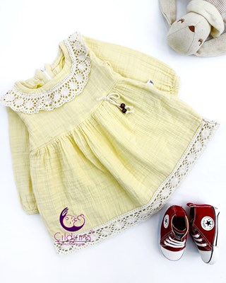 Miniapple Yakası ve Eteği Dantelli Bebek Elbisesi - SARI