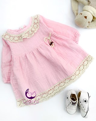 Miniapple Yakası ve Eteği Dantelli Bebek Elbisesi - PEMBE