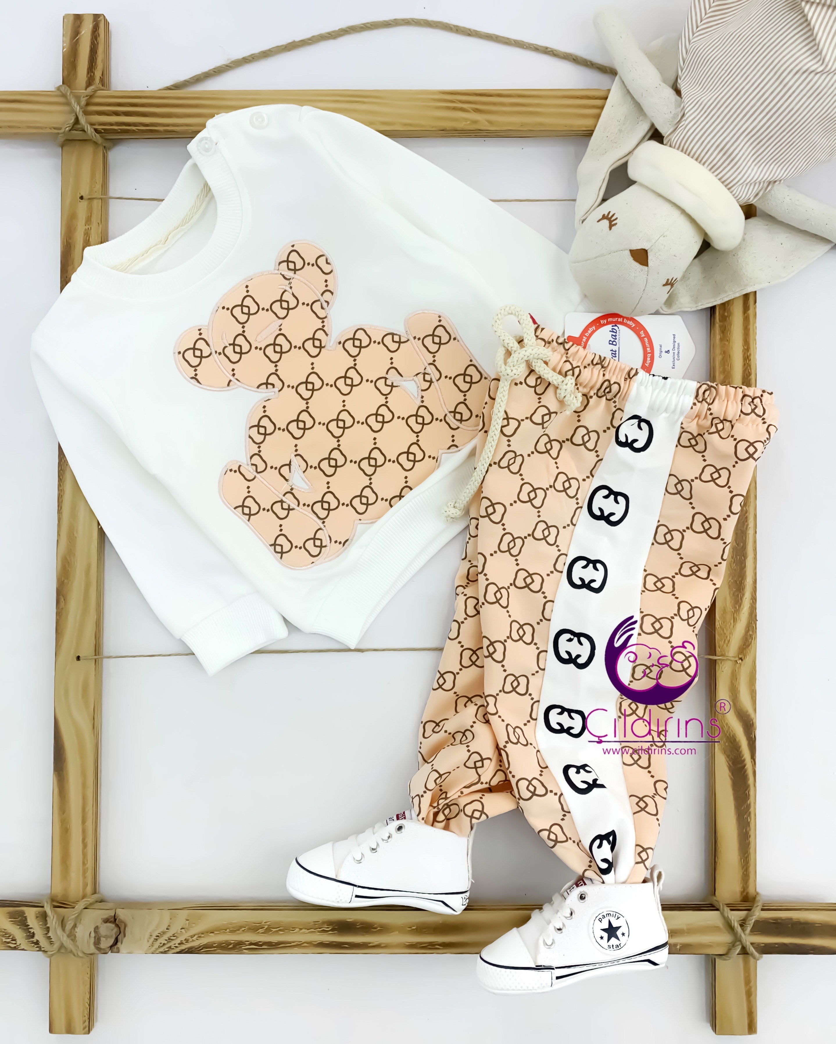 Miniapple Ayıcık Gucci Nakışlı 2’li Bebek Takımı - KREM