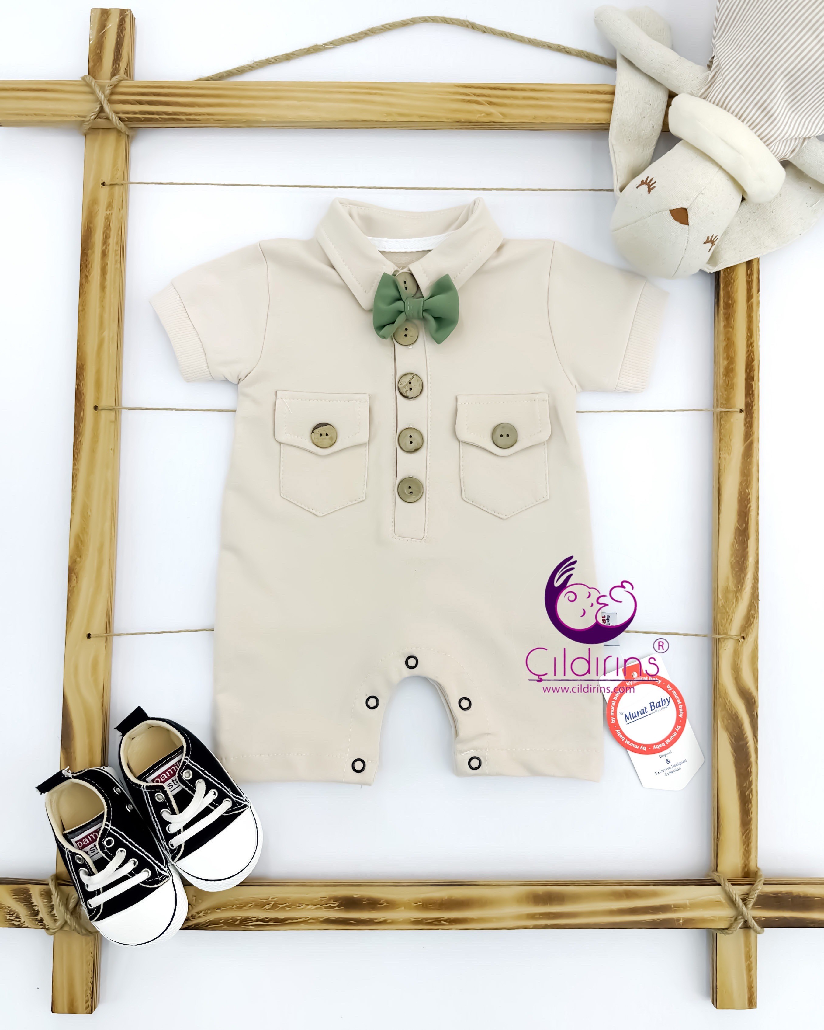 Miniapple Yazlık Papyonlu Yakalı Düğmeli Çift Cepli Bebek Tulumu - İNDİGO