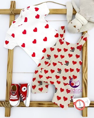 Miniapple Yazlık Küçük Moschino ve Kalp Desenli Badili Salopet Bebek Tulumu - KAHVERENGİ
