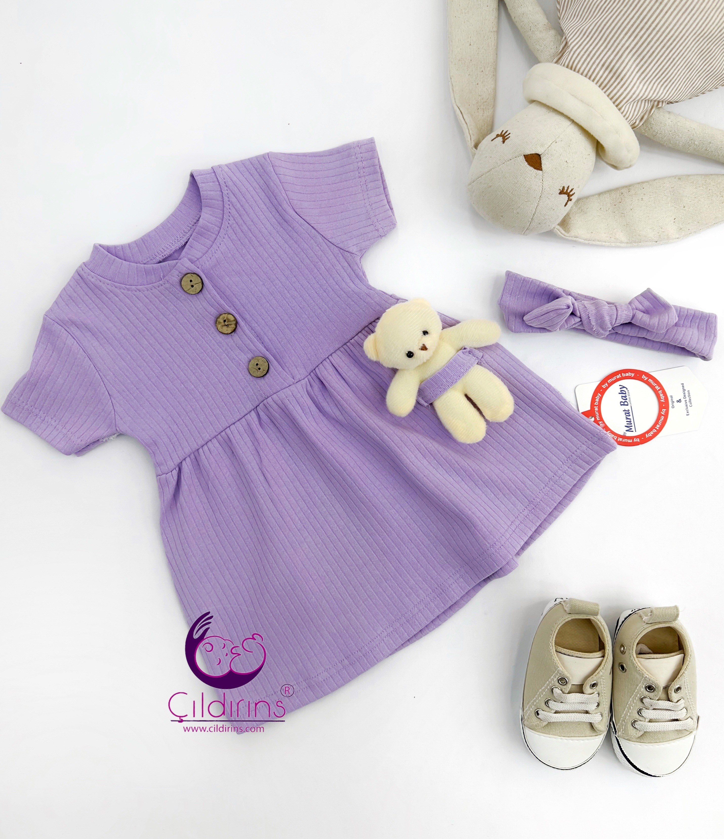 Miniapple Yazlık Oyuncak Ayıcıklı Fitilli Kumaş Bebek Elbisesi - LİLA
