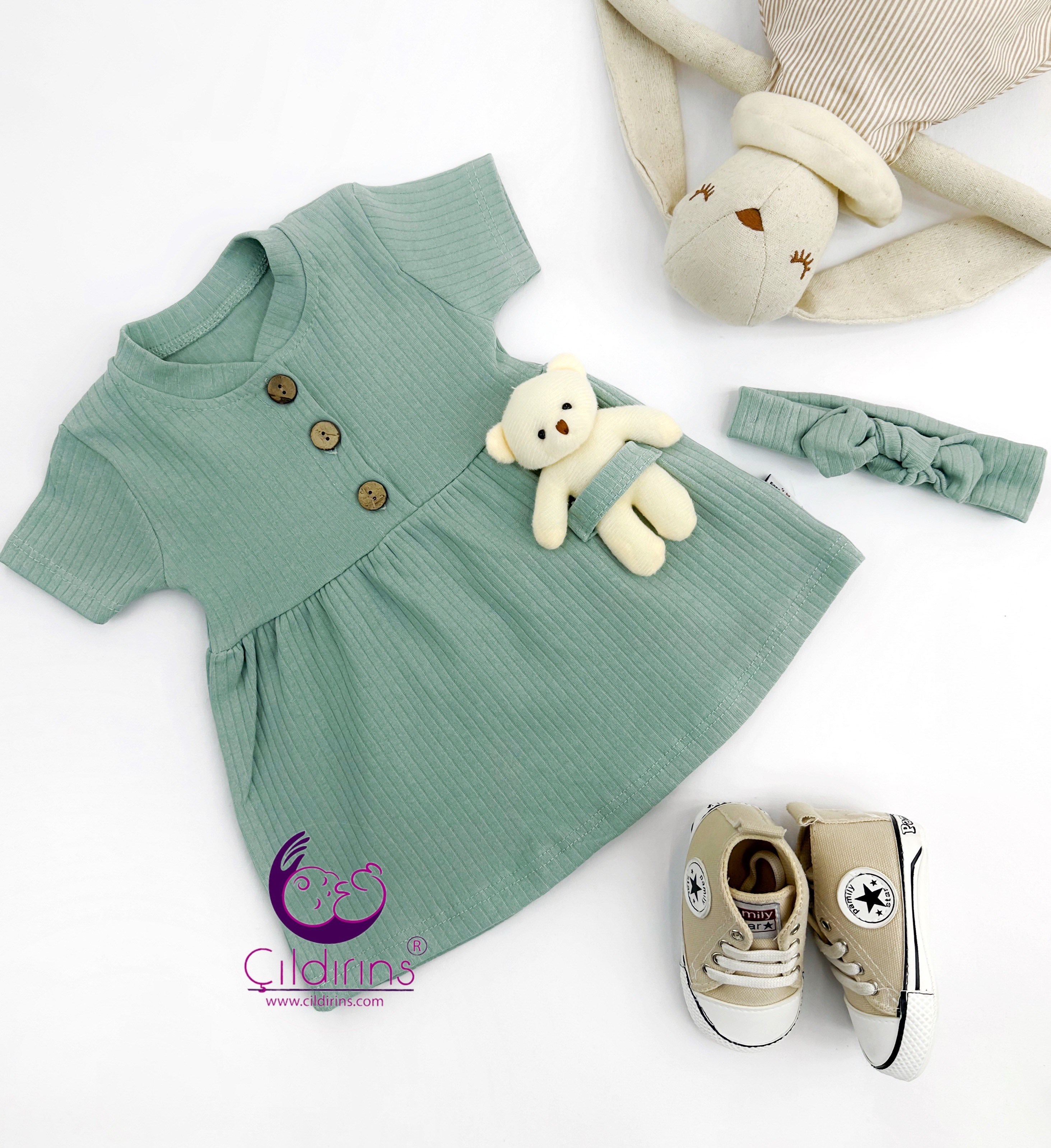 Miniapple Yazlık Oyuncak Ayıcıklı Fitilli Kumaş Bebek Elbisesi - YEŞİL