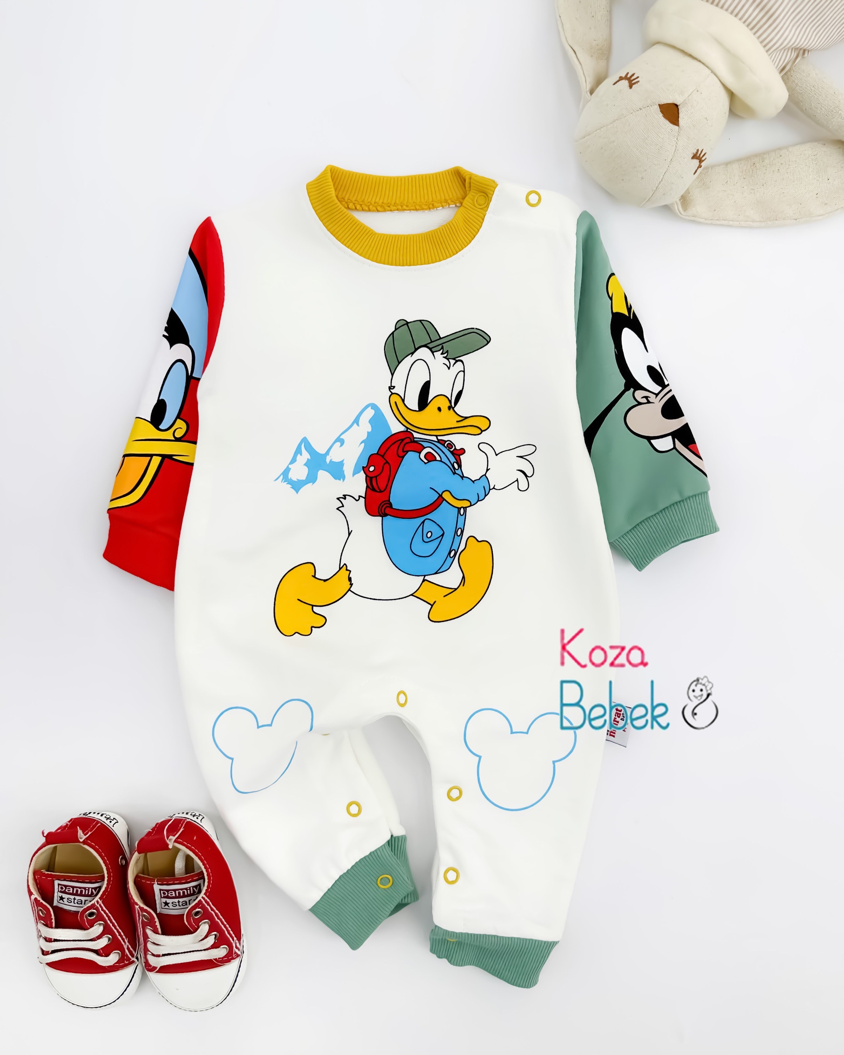 Miniapple Sırt Çantalı Donald Duck Baskılı Alttan ve Omuzdan Çıtçıtlı Bebek Tulumu