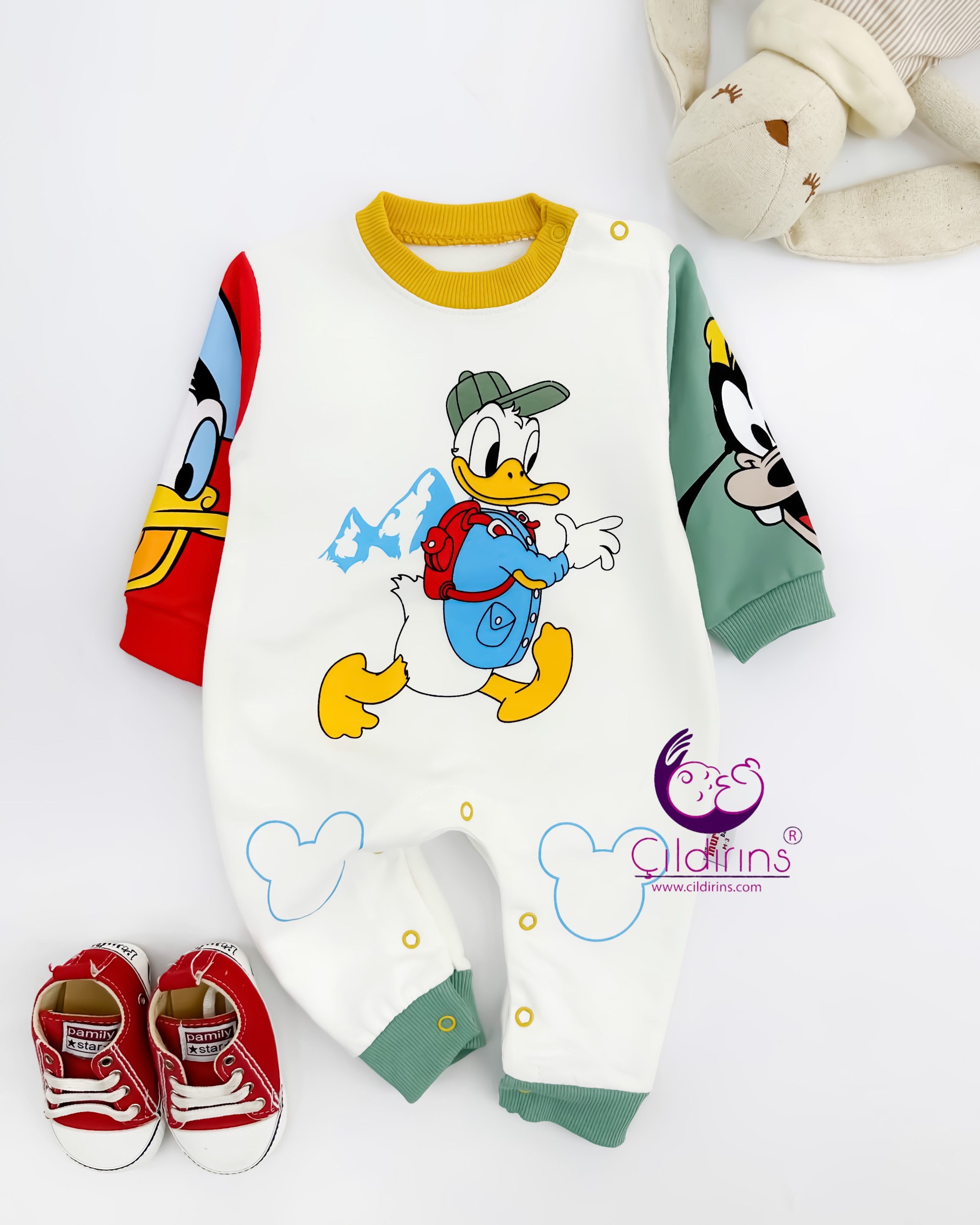 Miniapple Sırt Çantalı Donald Duck Baskılı Alttan ve Omuzdan Çıtçıtlı Bebek Tulumu - YEŞİL