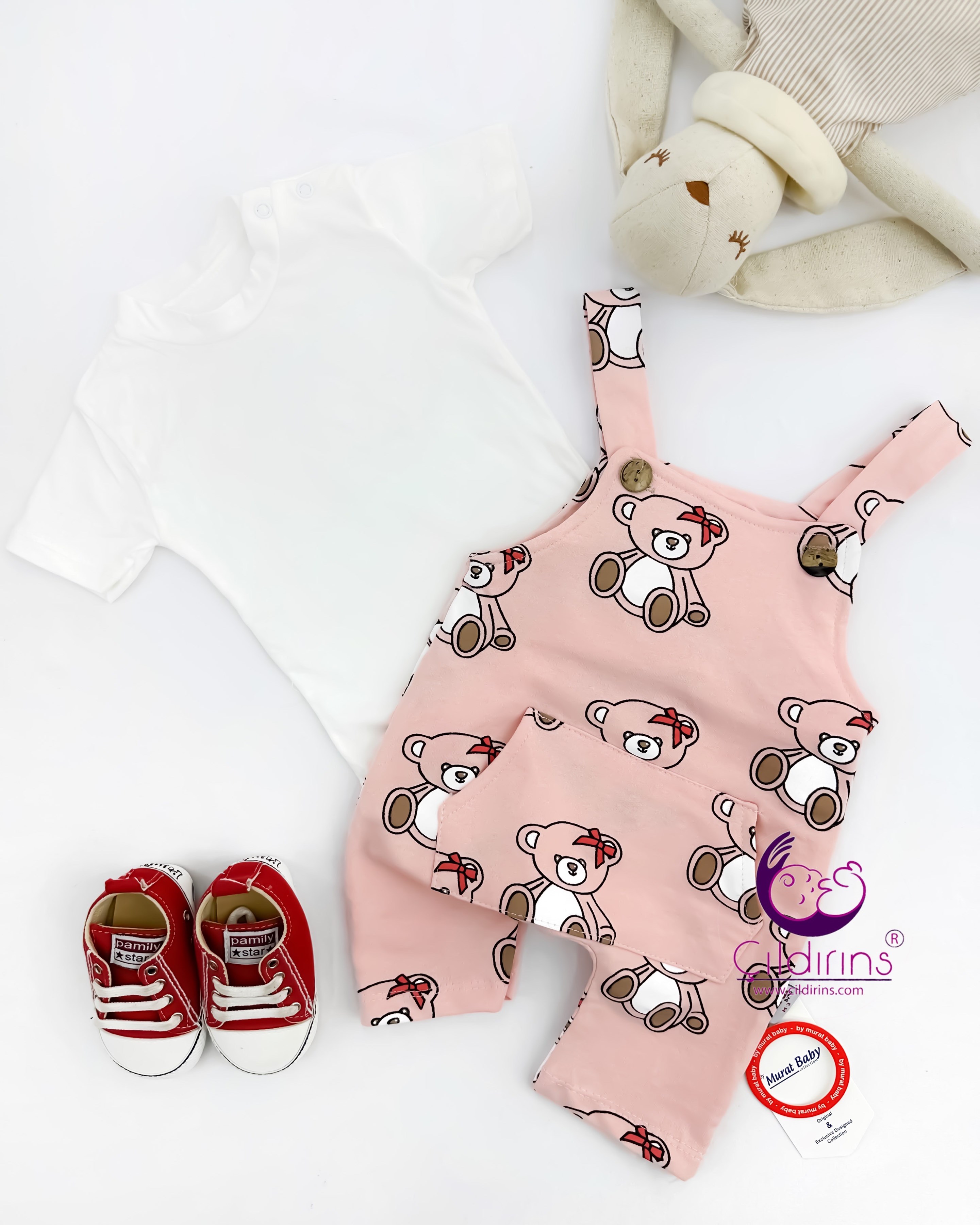 Miniapple Yazlık Kulağı Fiyonklu Ayıcık Baskılı Badili Salopet Bebek Tulumu - PEMBE