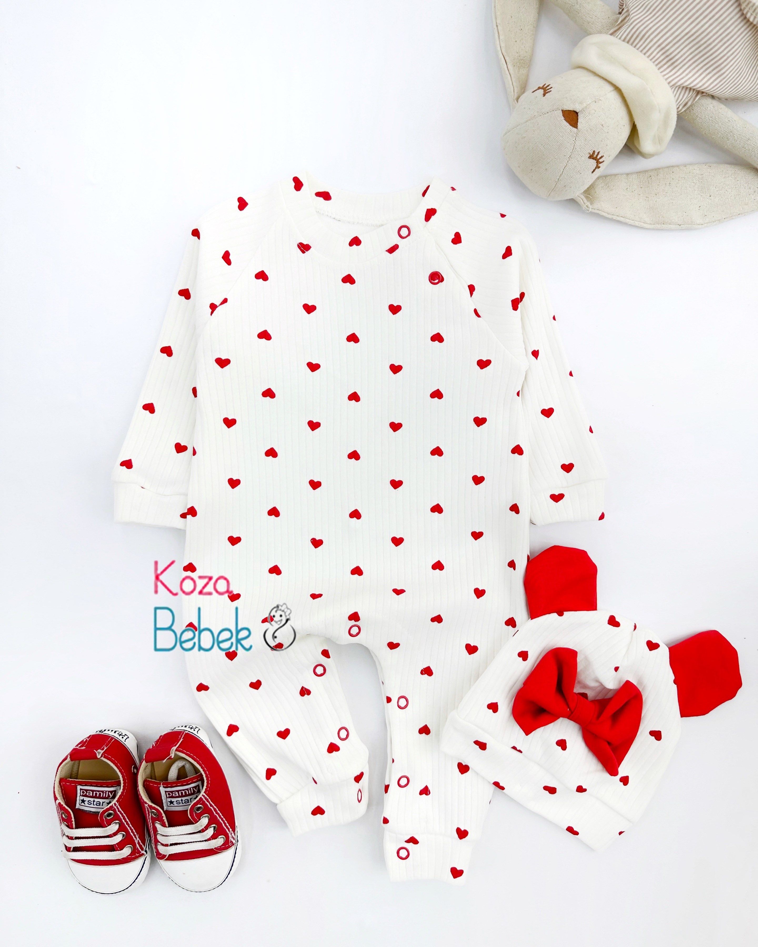 Miniapple Minik Kalpler Baskılı Fitilli Kumaş Şapkalı Bebek Tulumu - Beyaz