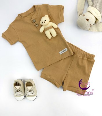 Miniapple Yazlık Cebi Oyuncak Ayıcıklı Fitilli Kumaş 2’li Bebek Takımı - KAHVERENGİ