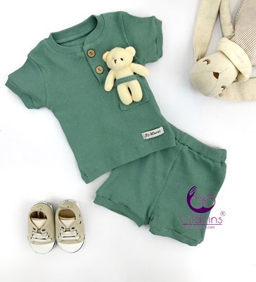 Miniapple Yazlık Cebi Oyuncak Ayıcıklı Fitilli Kumaş 2’li Bebek Takımı - SU YEŞİLİ