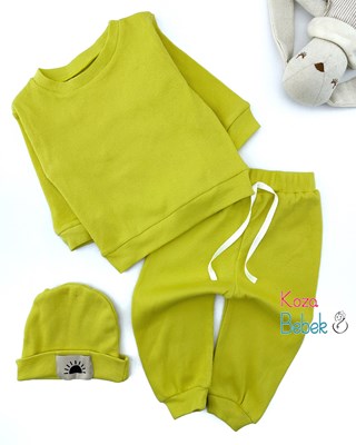 Miniapple Düz Renk Fitilli Kumaş Şapkalı 3’lü Bebek Takımı