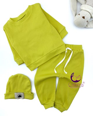 Miniapple Düz Renk Fitilli Kumaş Şapkalı 3’lü Bebek Takımı - SARI