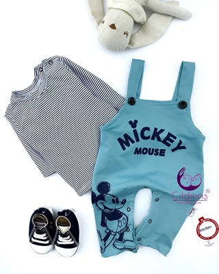 Miniapple Badisi Çizgili Mickey Mouse Baskılı Salopet Bebek Tulumu - YEŞİL