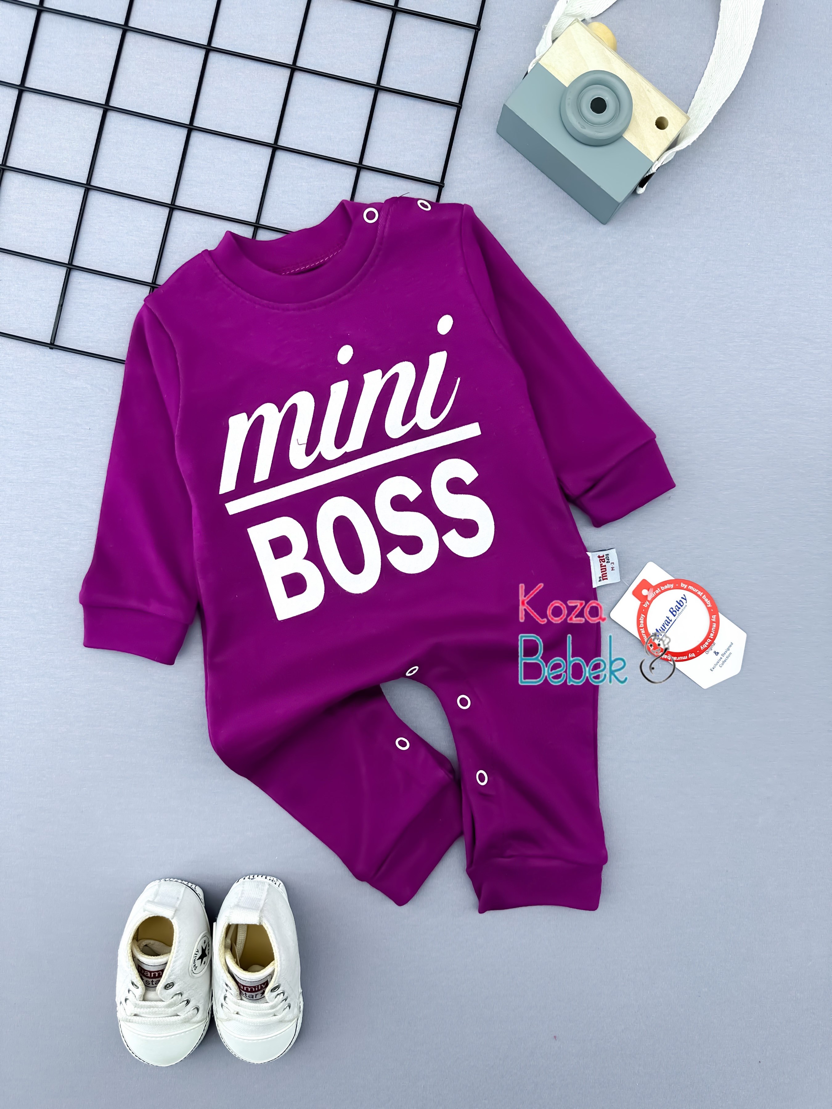 Miniapple Miniboss Baskılı Alttan ve Omuzdan Çıtçıtlı Bebek Tulumu