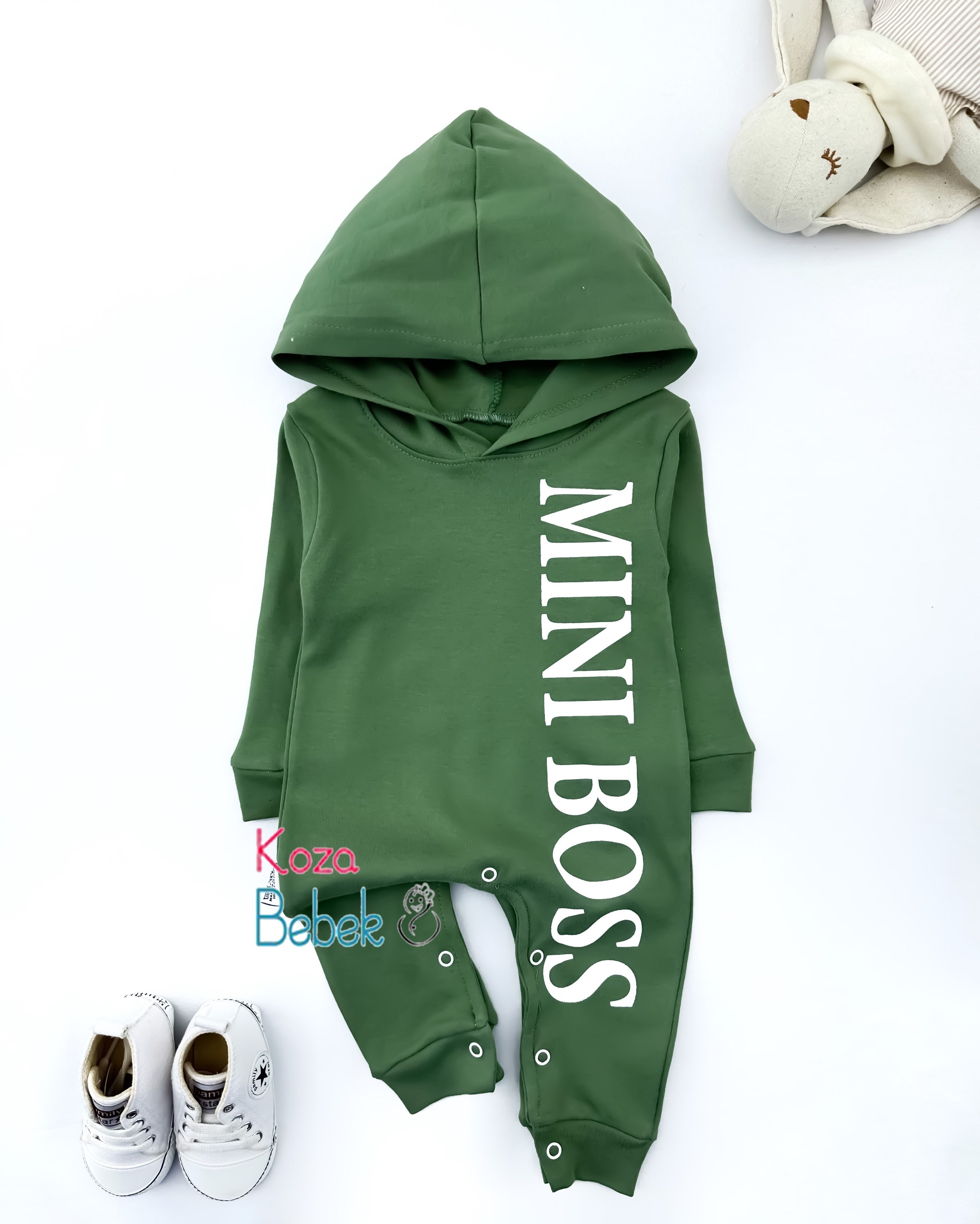 Miniapple Kapüşonlu MINIBOSS Baskılı Alttan Çıtçıtlı Bebek Tulumu
