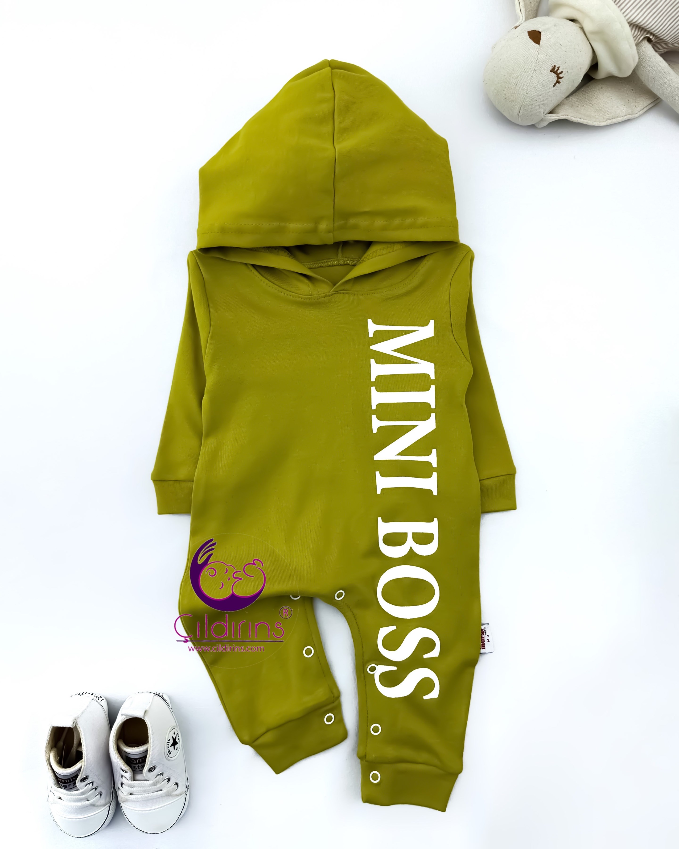 Miniapple Kapüşonlu MINIBOSS Baskılı Alttan Çıtçıtlı Bebek Tulumu - HARDAL