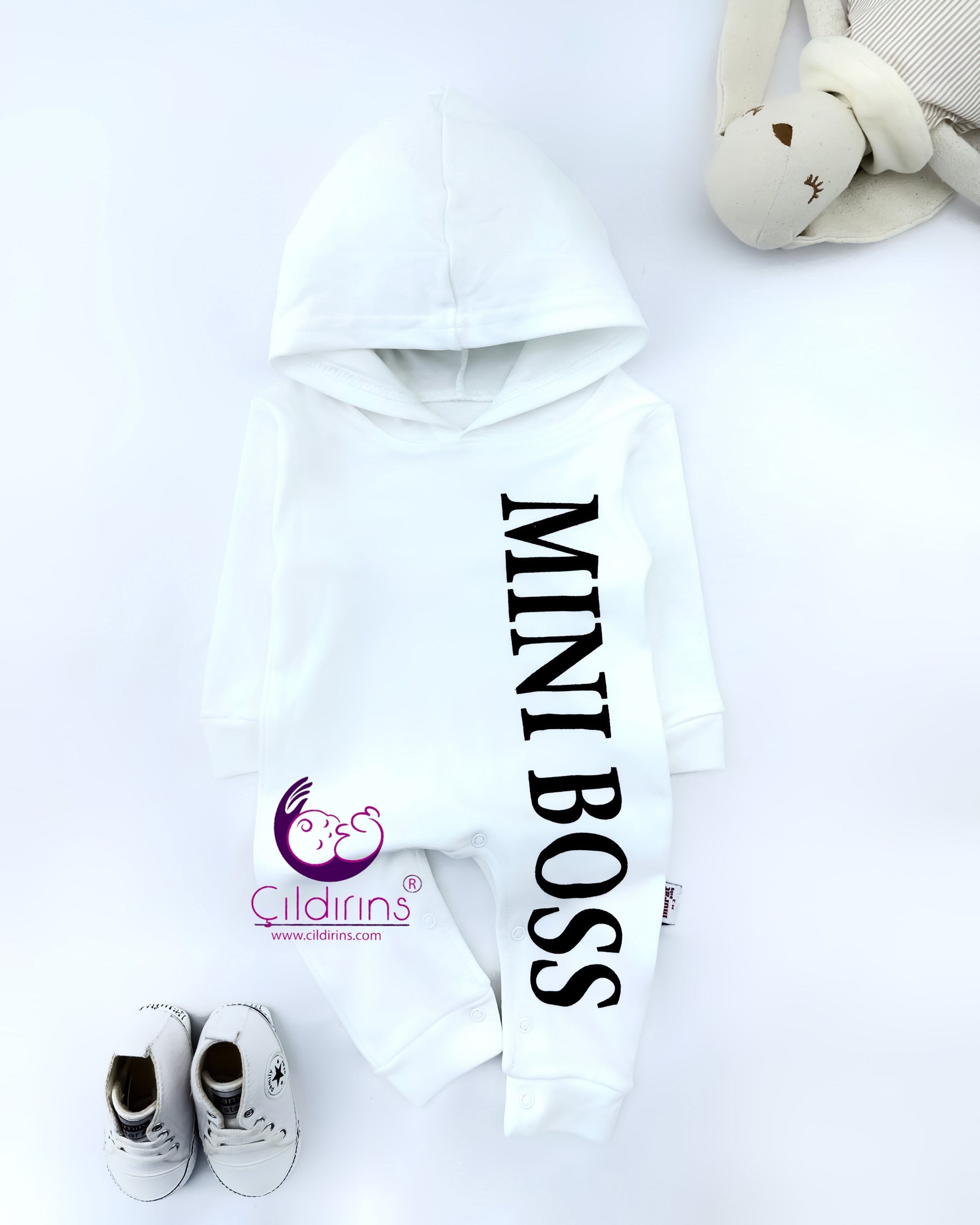 Miniapple Kapüşonlu MINIBOSS Baskılı Alttan Çıtçıtlı Bebek Tulumu - BEYAZ