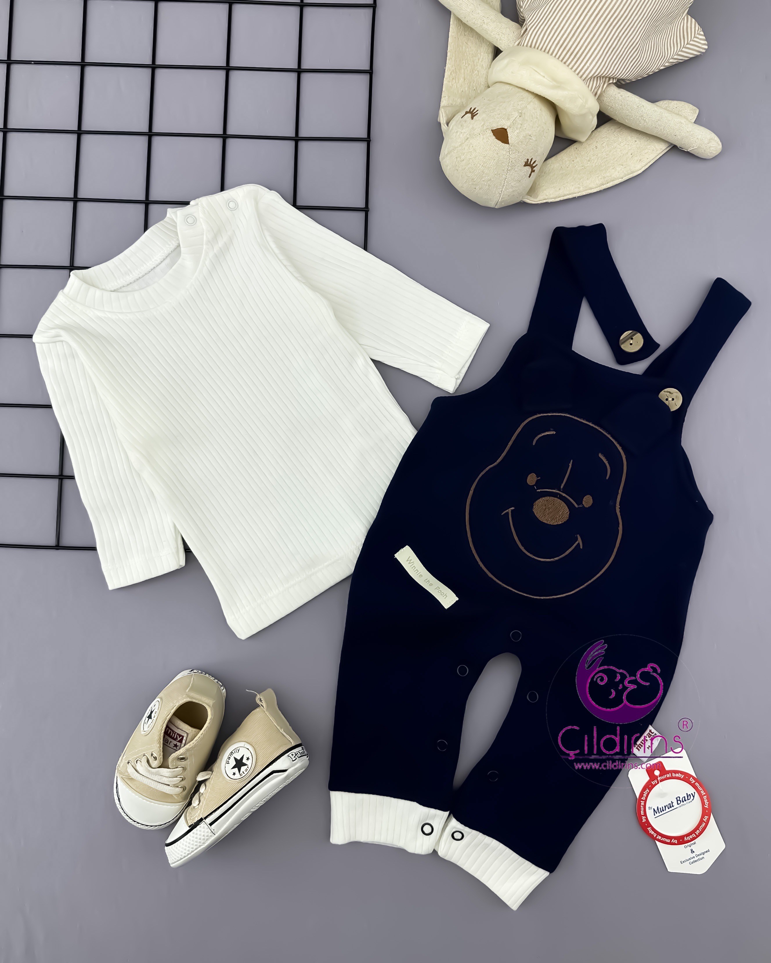 Miniapple Badisi Fitilli Beyaz Manşetli Ayıcık Nakışlı Salopet Bebek Tulumu - LACİVERT