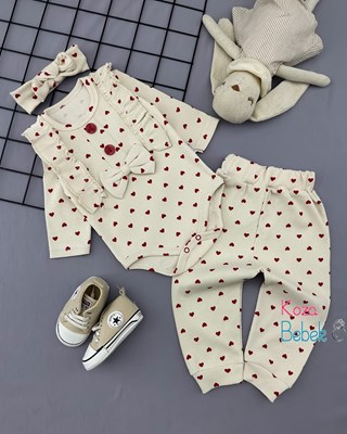 Miniapple Fiyonklu Küçük Kalpler Desenli Kolları Fırfırlı Bandanalı 3’lü Bebek Takımı