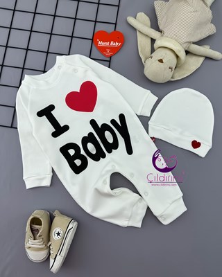 Miniapple I Love Baby Baskılı Şapkalı Bebek Tulumu - Beyaz