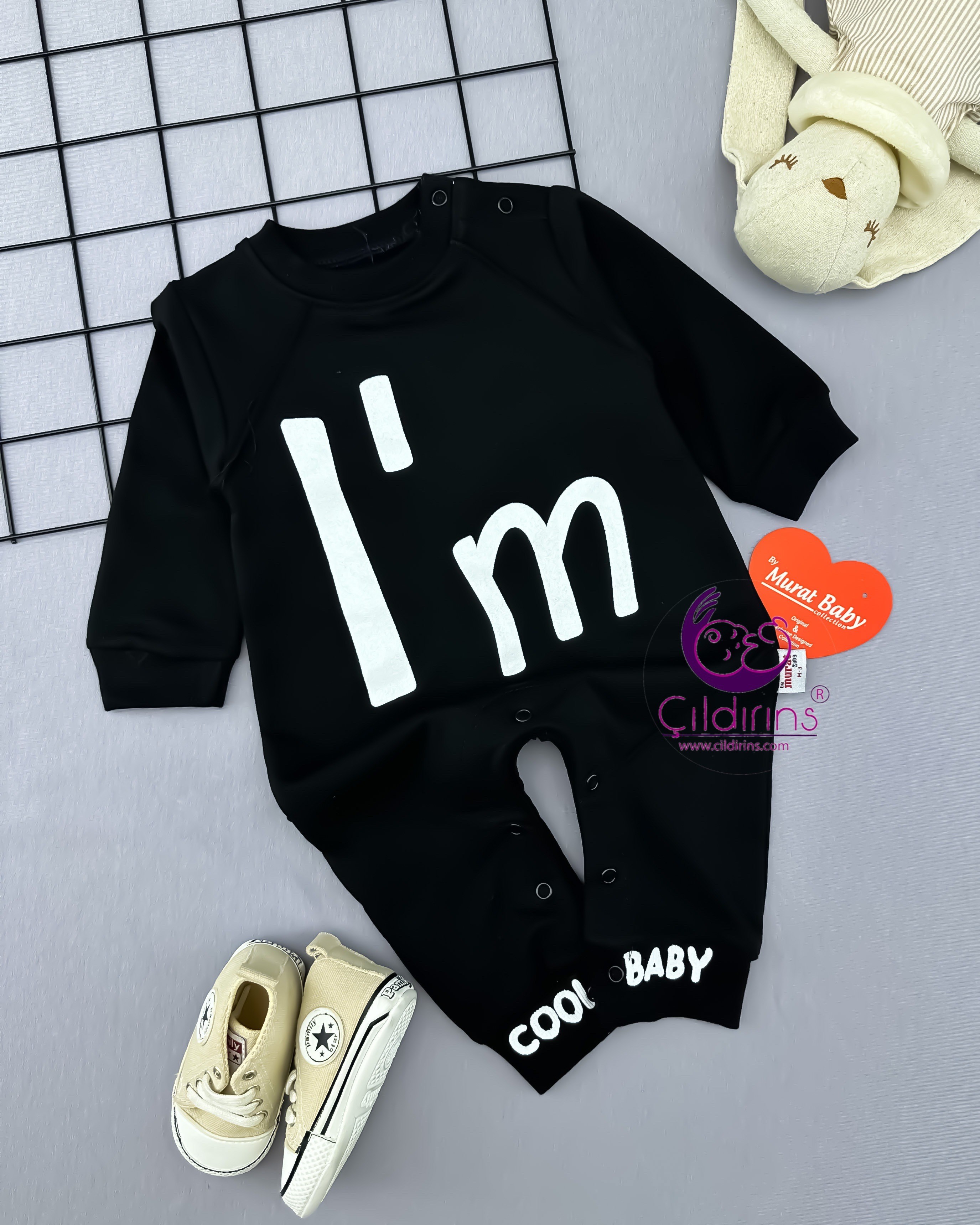 Miniapple I’m Cool Baby Baskılı Alttan ve Omuzdan Çıtçıtlı Bebek Tulumu - SİYAH