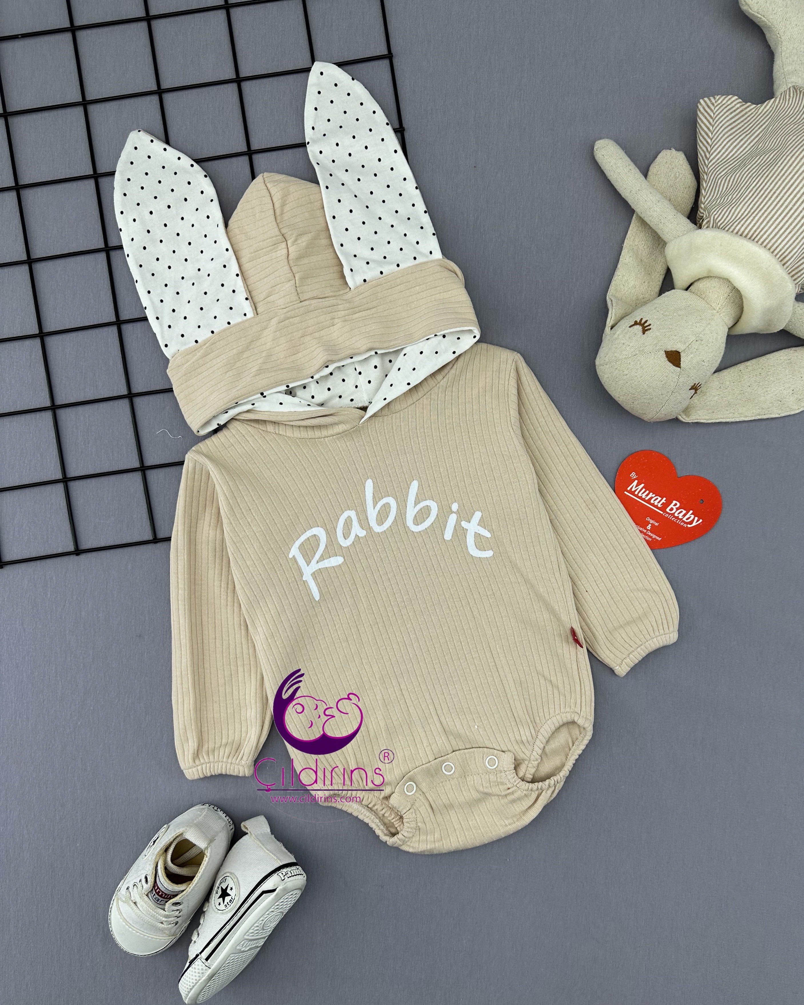 Miniapple Rabbit Baskılı Kulaklı Kapüşonlu Bebek Sweat - KREM