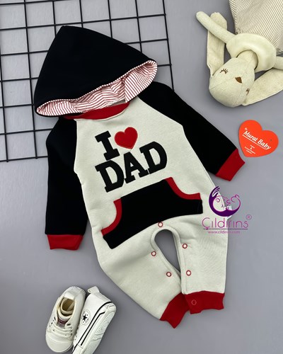 Miniapple 3 İplik I Love Dad Nakışlı Önden Cepli Kapüşonlu Bebek Tulumu - LACİVERT