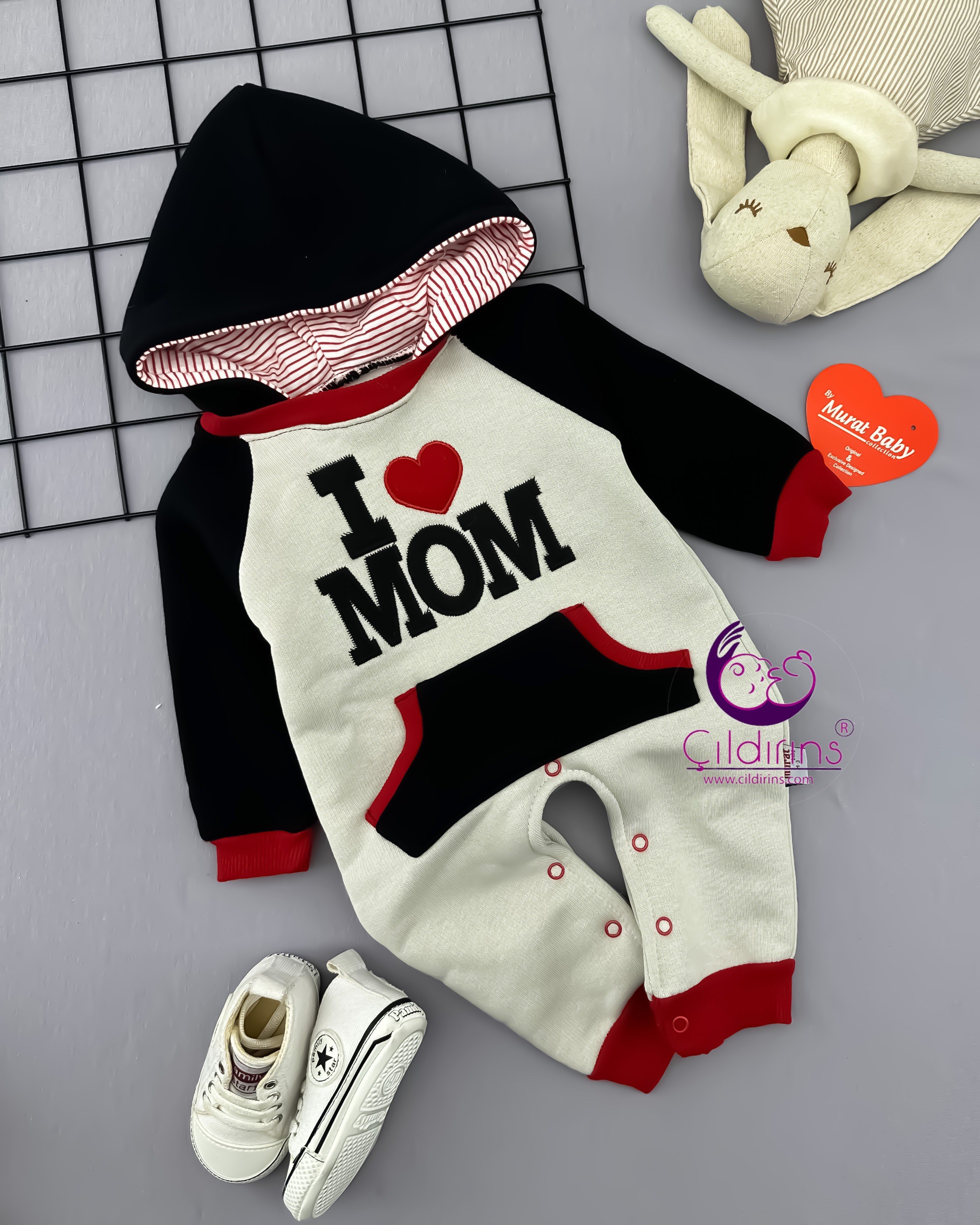 Miniapple 3 İplik I Love Mom Nakışlı Önden Cepli Kapüşonlu Bebek Tulumu  - LACİVERT