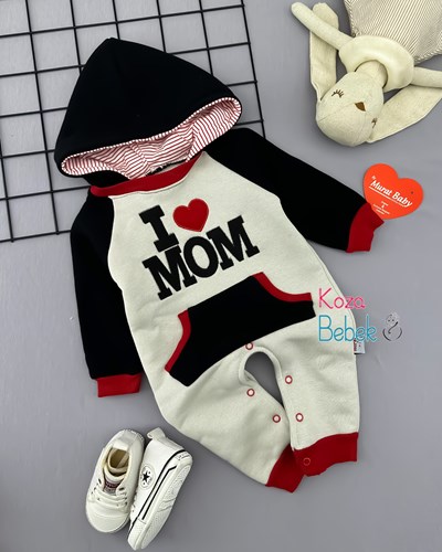 Miniapple 3 İplik I Love Mom Nakışlı Önden Cepli Kapüşonlu Bebek Tulumu 
