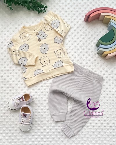 Melisa Baby Sevimli Ayıcıklar Baskılı Fitilli Kumaş 2’li Bebek Takımı - MAVİ