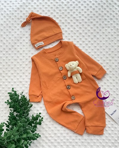 Miniapple Düğmeli Fitilli Kumaş Cebi Oyuncaklı Bebek Tulumu - HARDAL
