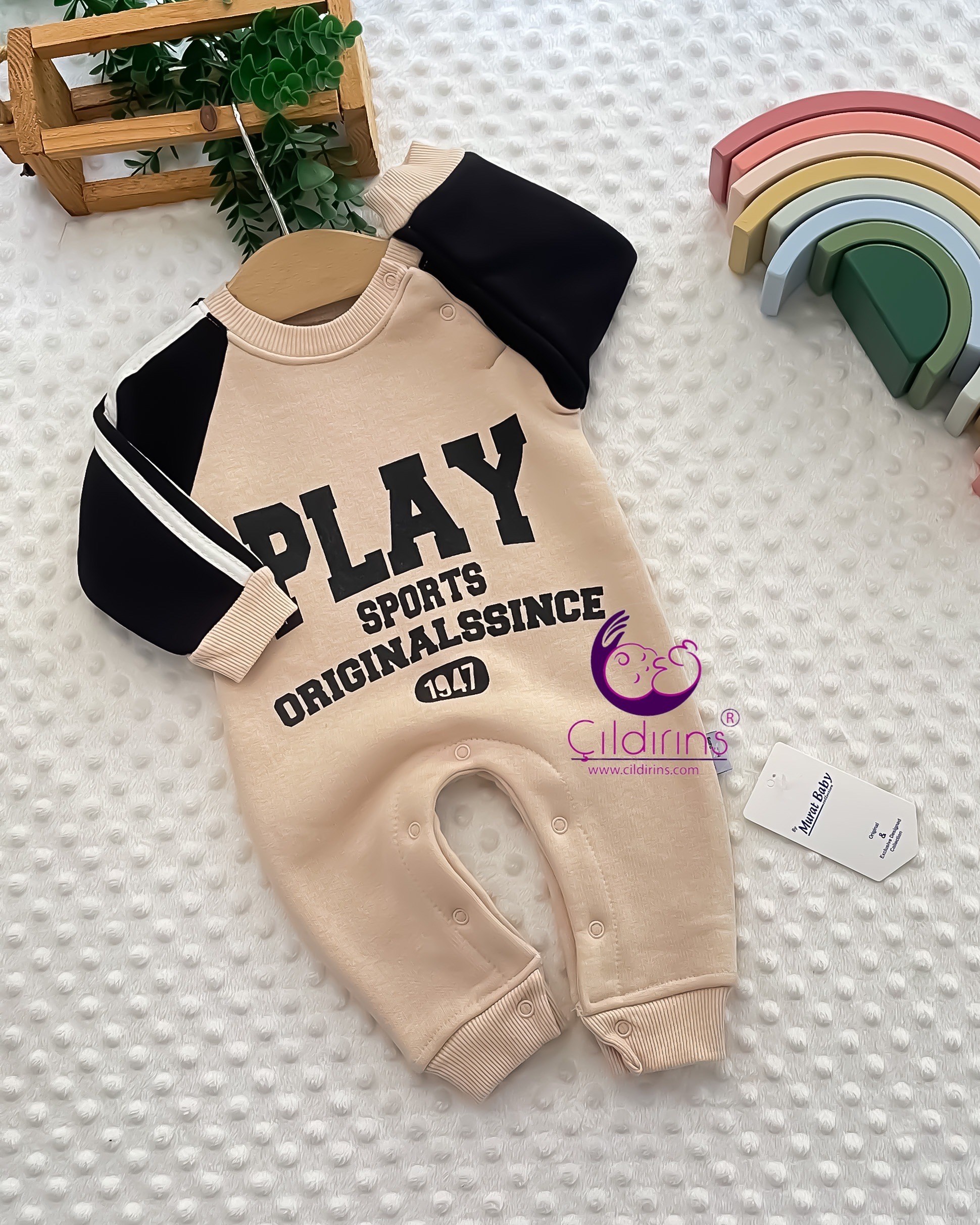 Miniapple 3 İplik Play Baskılı Alttan Çıtçıtlı Bebek Tulumu - SİYAH