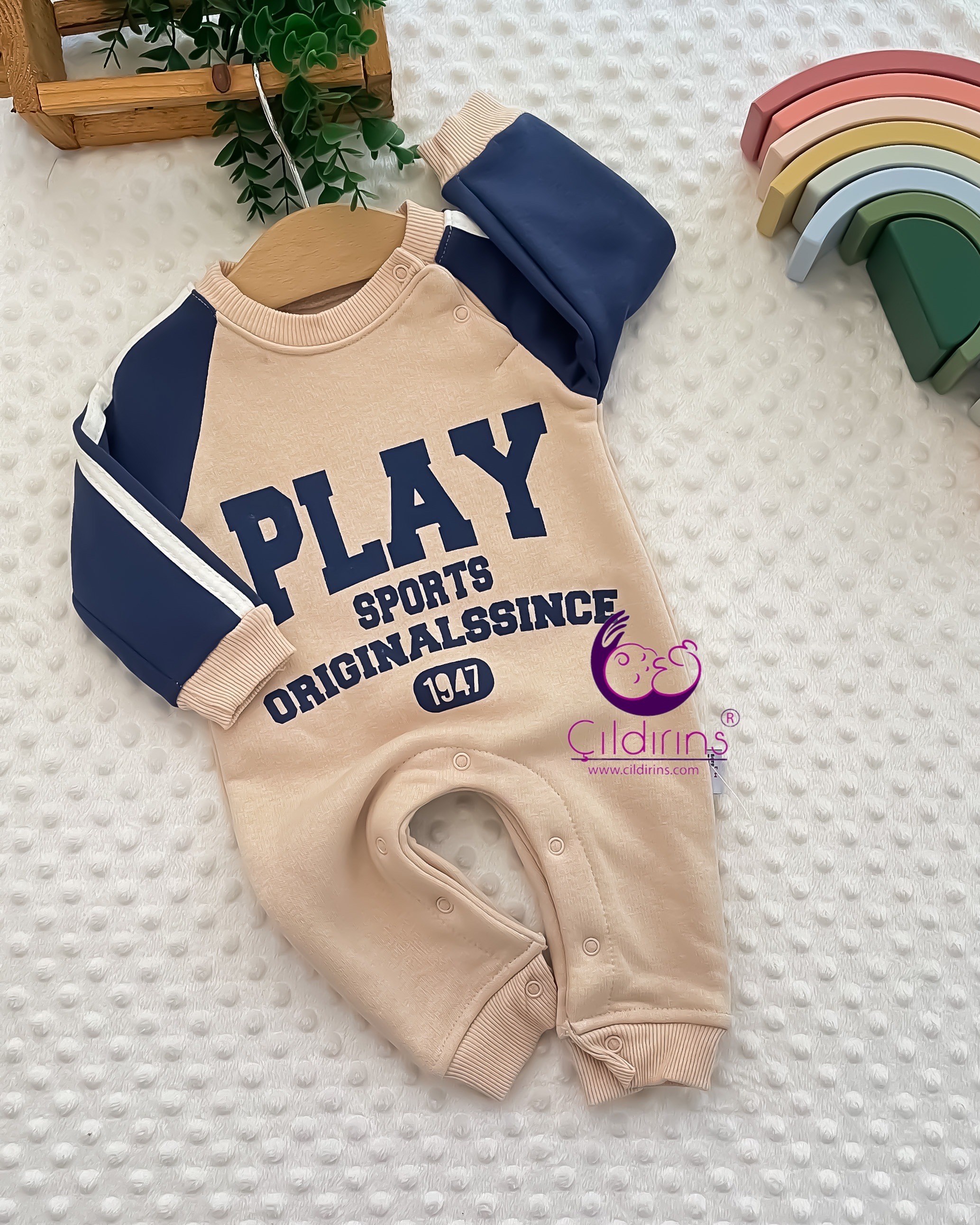 Miniapple 3 İplik Play Baskılı Alttan Çıtçıtlı Bebek Tulumu - MAVİ