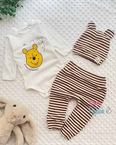 Miniapple Pantolonu ve Şapkası Yatay Çizgili Ayıcık Baskılı 3’lü Bebek Takımı