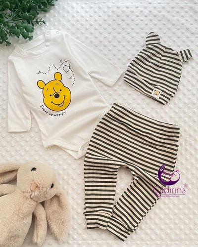 Miniapple Pantolonu ve Şapkası Yatay Çizgili Ayıcık Baskılı 3’lü Bebek Takımı - KAHVERENGİ