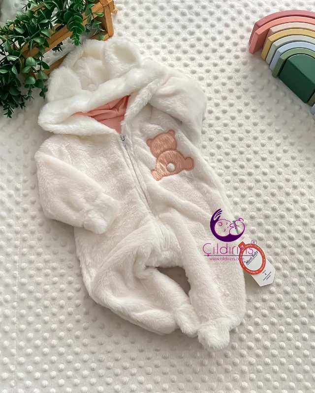 Miniapple Yumuşak Peluşlu Arkası Dönük Ayıcık Nakışlı Fermuarlı Bebek Tulumu - KREM