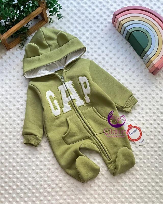 Miniapple 3 İplik Gap Nakışlı Kulaklı Kapüşonlu Bebek Tulumu - AÇIK YEŞİL