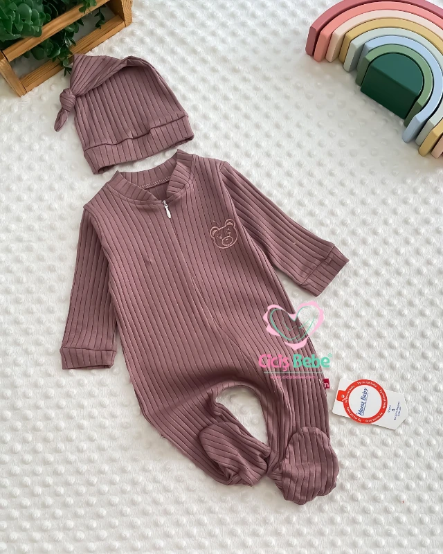 Miniapple Ribana Kumaş Ayıcık Armalı Şapkalı Fermuarlı Kendinden Patikli Bebek Tulumu