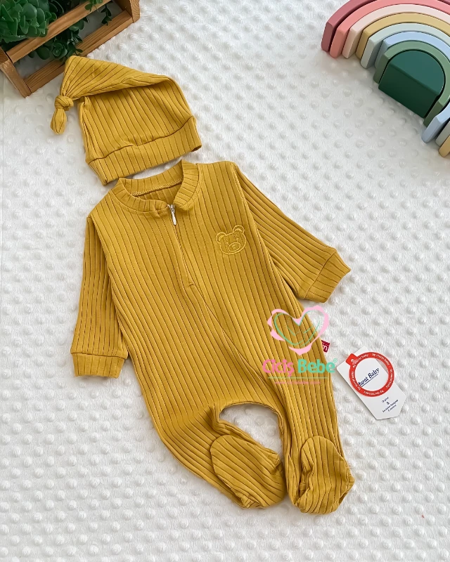 Miniapple Ribana Kumaş Ayıcık Armalı Şapkalı Fermuarlı Kendinden Patikli Bebek Tulumu